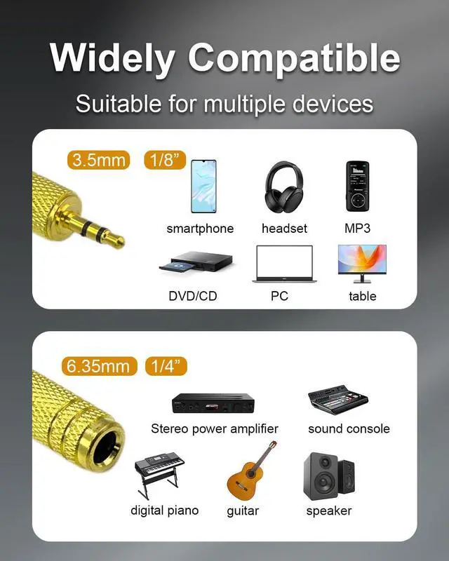Alt view image 5 of 7 - 2-Pack 1/8" to 1/4" Stereo Headphone Adapter, Gold