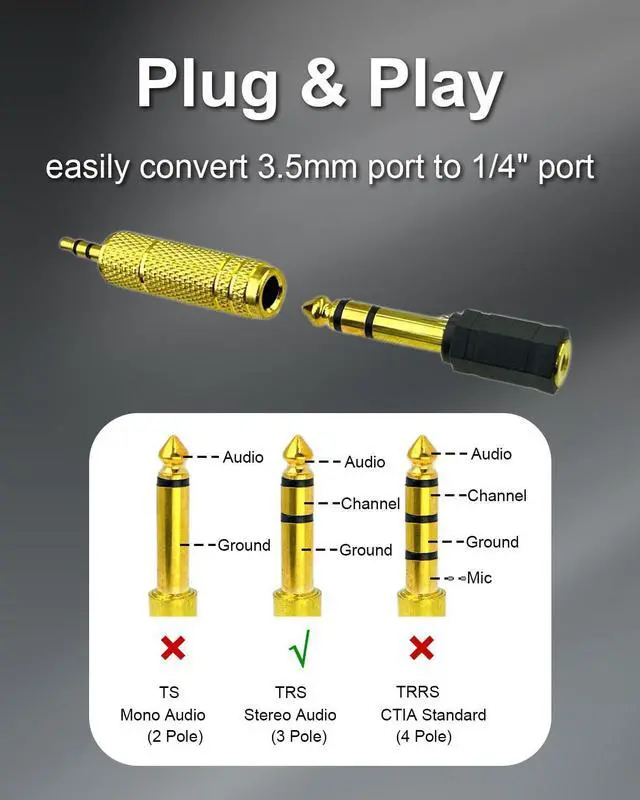 Alt view image 7 of 7 - 2-Pack 1/8" to 1/4" Stereo Headphone Adapter, Gold