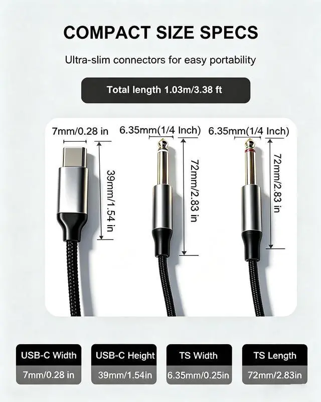 Alt view image 2 of 7 - USB C to Dual 1/4in Audio Cable, Type C to Dual 6.35mm TS, 3.3FT