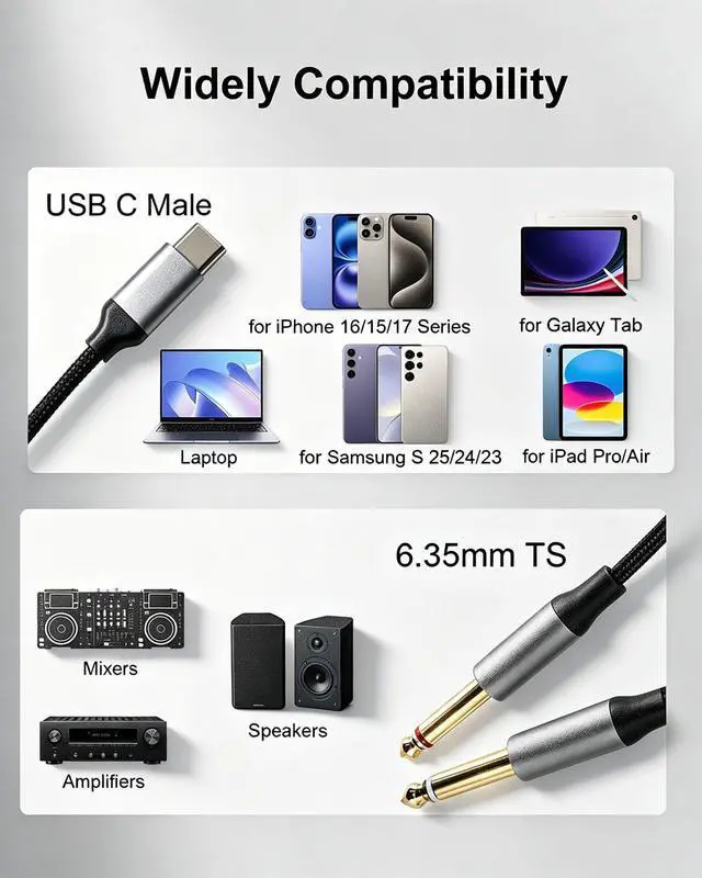 Alt view image 3 of 7 - USB C to Dual 1/4in Audio Cable, Type C to Dual 6.35mm TS, 3.3FT