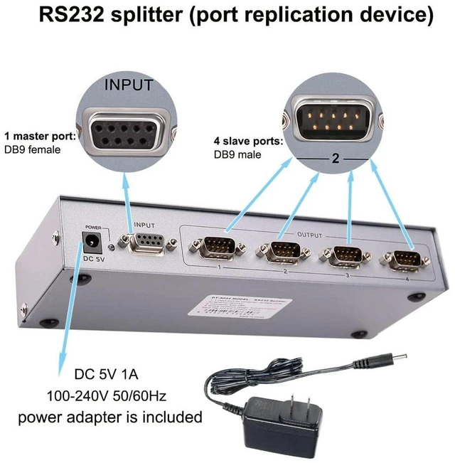 Alt view image 5 of 6 - RS232 Splitter, DTECH 4 Port Serial Expansion Box 1x4 COM Port Expander with Power Adapter for Sharing PCs and Capture Data