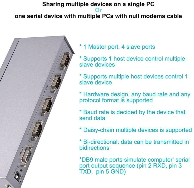 Alt view image 3 of 6 - RS232 Splitter, DTECH 4 Port Serial Expansion Box 1x4 COM Port Expander with Power Adapter for Sharing PCs and Capture Data