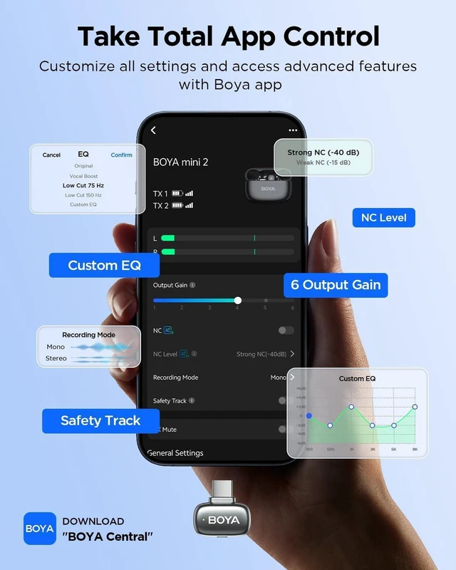 Alt view image 4 of 5 - BOYA Mini 2 Microphone for iPhone & Andriod, Ultra Mini Lapel Mics,100M Range, 30Hrs Battery Life, Noise Reduction APP Control Mini Microphone for TikTok YouTube(Space Gray)