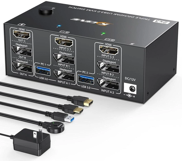 Main image of KVM Switch 3 Monitors 2 Computers, HDMI + DisplayPort KVM Switcher 8K@30Hz/4k@144Hz for 2 Computer Share 3 Display and 4 USB 3.0 Devices