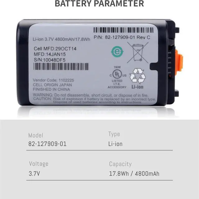 Alt view image 2 of 7 - 82-127909-02 Replacement Battery for Symbol Zebra MC3190 MC3100 MC3090 MC3190R MC3090S MC3090K MC3190Z MC3190G MC3190-G BTRY-31KAB02 BTRY-MC3XKABOE 82-127909-01 Scanner Battery 3.7V 4800mAh/17.8Wh