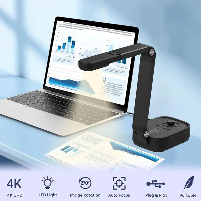 Alt view image 2 of 7 - QPC100S 4K USB 13MP Portable Document Camera, with Mic, LED Light,Auto Focus, HDMI/USB Plug and Play, Compatible with Mac OS, Windows, Chromebook Compatible for Live Demo and Document Scanning