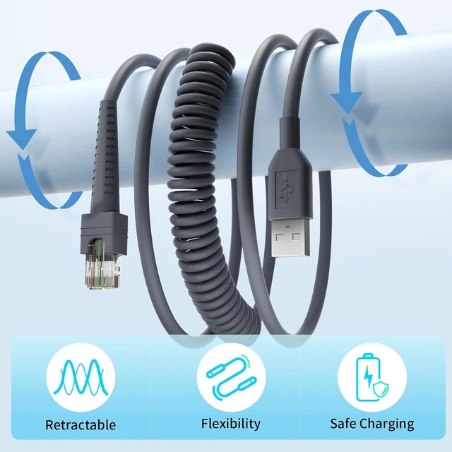 Alt view image 4 of 7 - 2PCS 9.84ft Coiled Scanner Charger Cable for Symbol/Zebra/Motorola DS9208 USB Cable LS2208 LS4278 LS3578 LS2208 DS2208 DS3400 DS6878 DS9808 DS4208 DS8108 DS8178 DS9308 DS9908 STB4278 LI4278