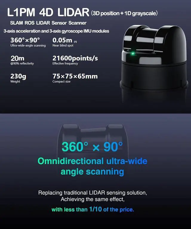 Alt view image 3 of 7 - WayPonDEV L1PM 4D 3D Lidar Sensor Module Kit, 360 Degree 20 Meters Scanning Radius Rangefinder, ROS SLAM 3D Lidar Scanner for AGV Robot Navigation and Obstacle Avoidance (L1PM 20M)