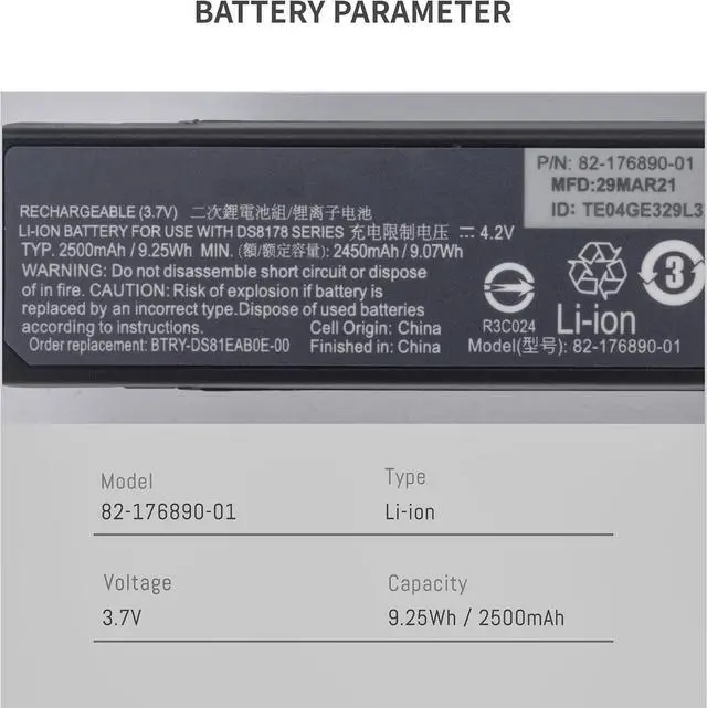 Alt view image 2 of 7 - DS8178 Replacement Battery for Zebra 8100 Series Scanners DS8100 DS8170 DS8178 BTRY-DS81EAB0E-00 BTRY-ZDS81EAZB0E-00 71-176890-01 82-176890-01 Barcode Scanner Battery Capacity 3.7V 2500mAh/9.25Wh