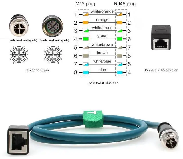 Alt view image 6 of 7 - Ethernet Cable Adapter for Cognex in-Sight 2000 7000 8000 9000 Basler Baumer Camera Sensor Barcode Reader, 8 Pin X-Coded M12 to RJ45 CAT-7e 2M