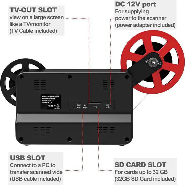 Alt view image 5 of 7 - 8mm and Super 8 Film-to-Digital Converter for 3579 reels, Converts Film Frame by Frame to Digital MP4 Files, with 2.4" Screen, 32G Memory Card Included