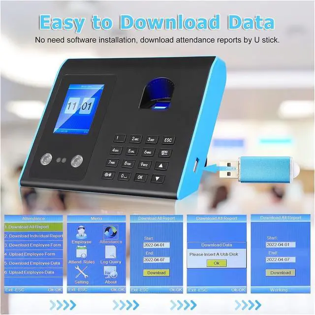 Alt view image 4 of 7 - Time Clock Fingerprint Attendance Machine IR Camera Face Recognition Password Reader System for Employee Checking-in Time Clock Recorder