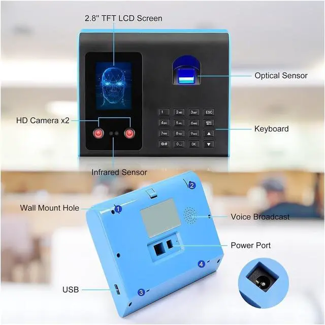 Alt view image 7 of 7 - Time Clock Fingerprint Attendance Machine IR Camera Face Recognition Password Reader System for Employee Checking-in Time Clock Recorder
