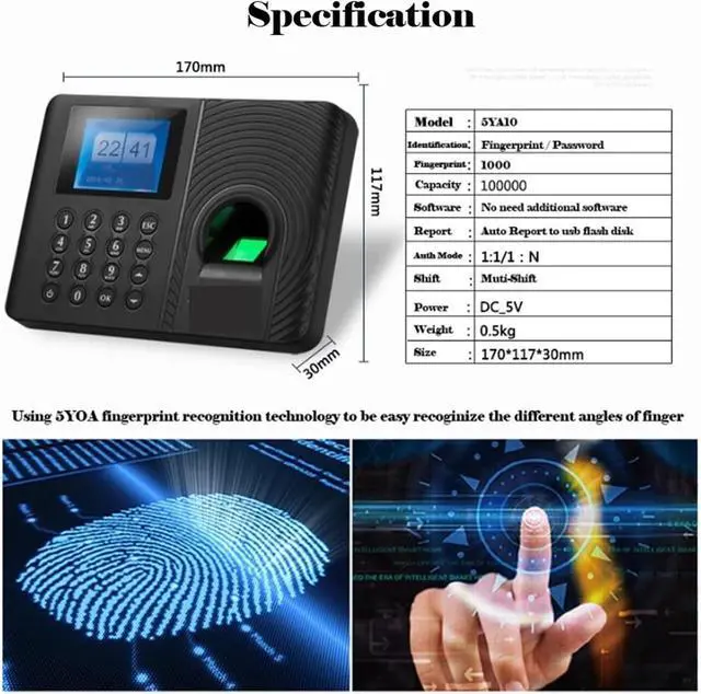 Alt view image 4 of 6 - Fingerprint Attendance Biometric Machine System Employee Keypad Electric Time Clock Recorder USB Data Manage(Color:A10 Attendance,Size:PULG)