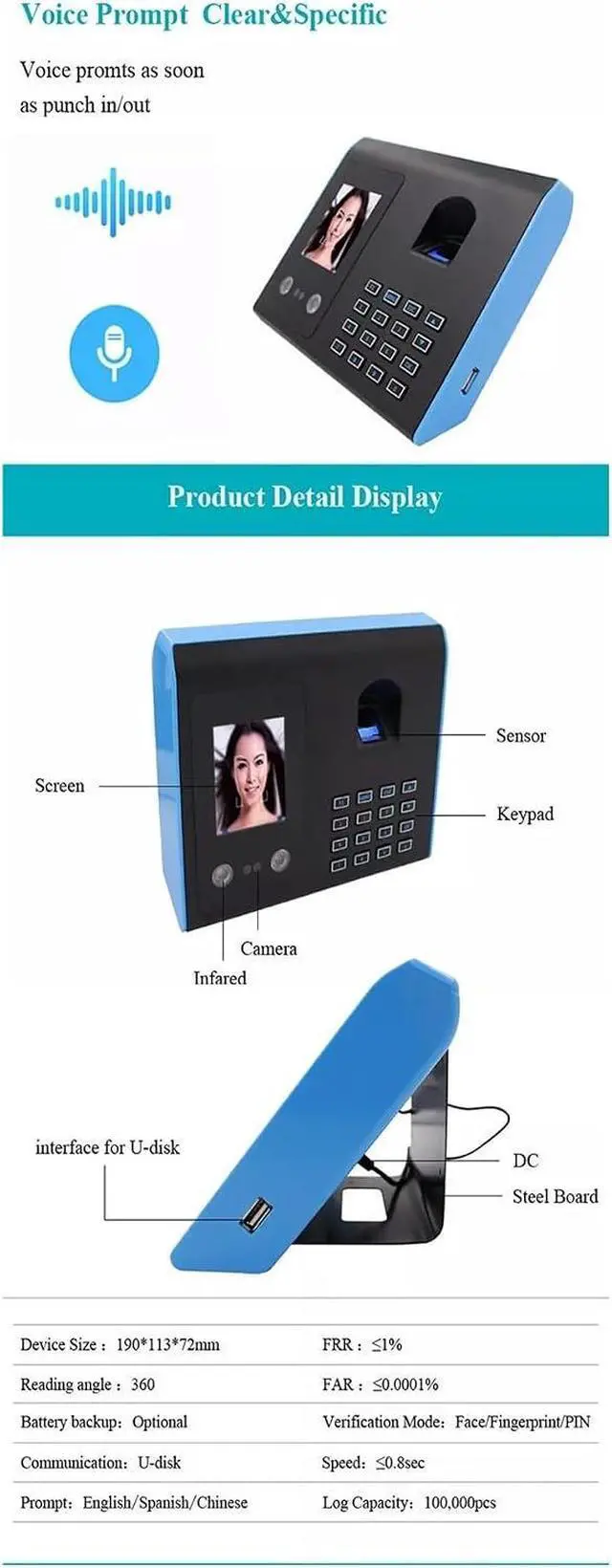 Alt view image 3 of 6 - High-Precision Time Clock Biometric Fingerprint Time Clock, Face Recognition Attendance Machine TFT LCD Display USB Fingerprint Attendance System with Excellent Expandability