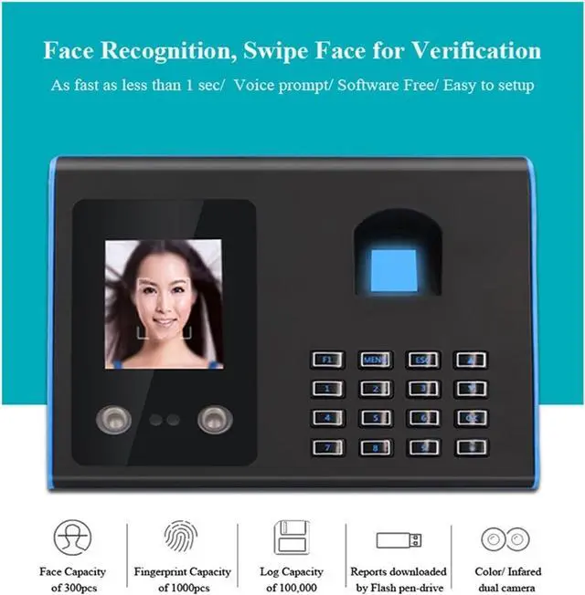 Alt view image 2 of 6 - High-Precision Time Clock Biometric Fingerprint Time Clock, Face Recognition Attendance Machine TFT LCD Display USB Fingerprint Attendance System with Excellent Expandability