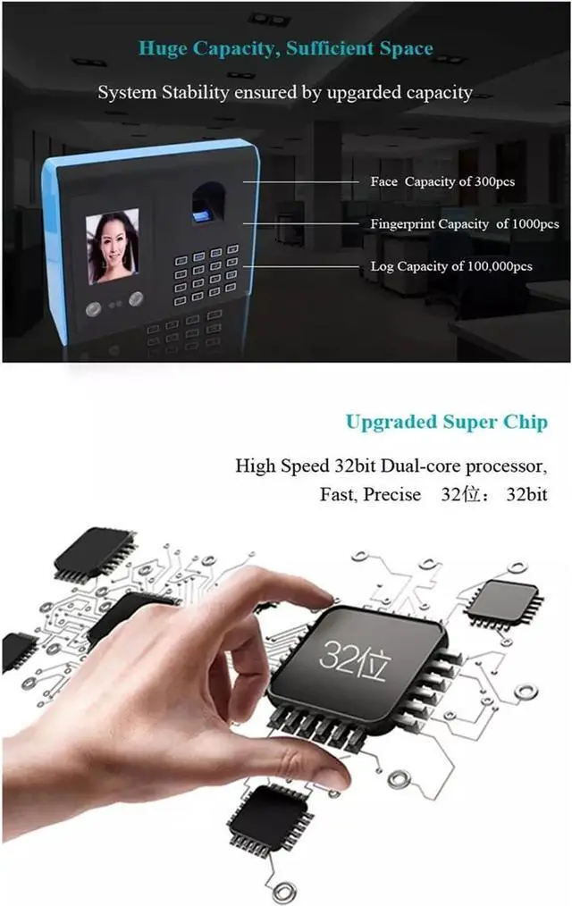 Alt view image 4 of 6 - High-Precision Time Clock Biometric Fingerprint Time Clock, Face Recognition Attendance Machine TFT LCD Display USB Fingerprint Attendance System with Excellent Expandability