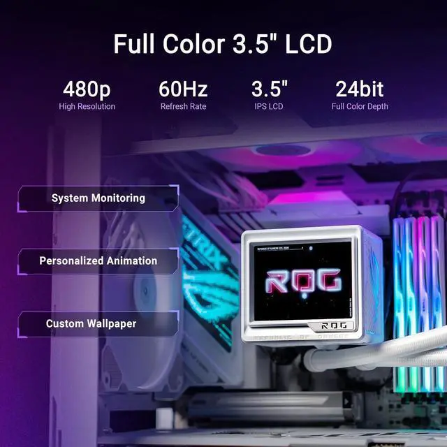Alt view image 4 of 7 - ASUS ROG RYUJIN III 360 ARGB Extreme White Edition All-in-one AIO CPU Liquid Cooler, AMD Ryzen 9000 & Intel Core Ultra Ready, Asetek Gen8 V2 Pump;high Airflow Static Pressure Magnetic Fans; 3.5" LCD