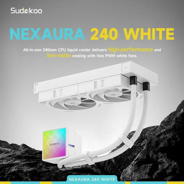 Alt view image 2 of 7 - Sudokoo NEXAURA 240 White Liquid CPU Cooler: 240mm AIO CPU Cooler with PWM Pump & ARGB Pump Head - Water Cooling with FDB Fans for Intel LGA 1851/1700/1200/115X AMD AM5/AM4