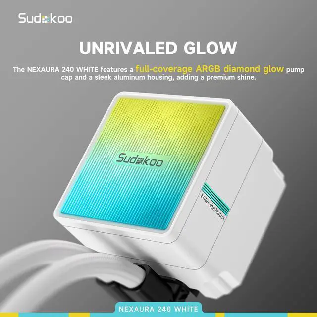 Alt view image 3 of 7 - Sudokoo NEXAURA 240 White Liquid CPU Cooler: 240mm AIO CPU Cooler with PWM Pump & ARGB Pump Head - Water Cooling with FDB Fans for Intel LGA 1851/1700/1200/115X AMD AM5/AM4
