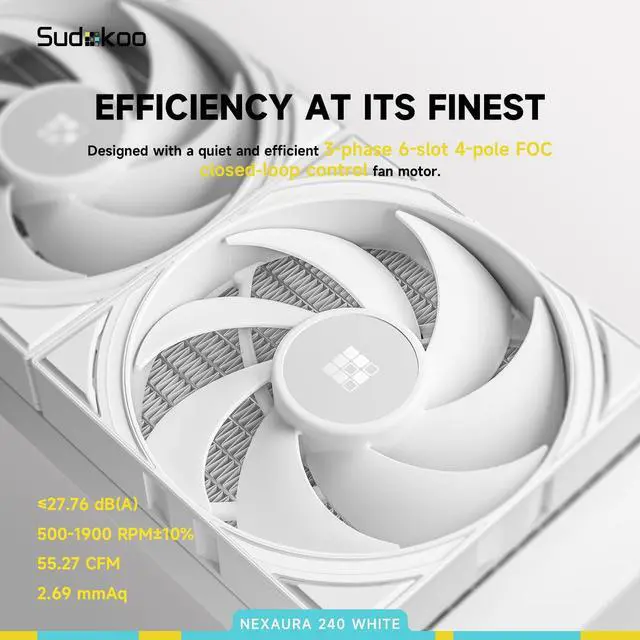 Alt view image 5 of 7 - Sudokoo NEXAURA 240 White Liquid CPU Cooler: 240mm AIO CPU Cooler with PWM Pump & ARGB Pump Head - Water Cooling with FDB Fans for Intel LGA 1851/1700/1200/115X AMD AM5/AM4