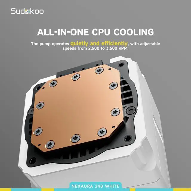Alt view image 4 of 7 - Sudokoo NEXAURA 240 White Liquid CPU Cooler: 240mm AIO CPU Cooler with PWM Pump & ARGB Pump Head - Water Cooling with FDB Fans for Intel LGA 1851/1700/1200/115X AMD AM5/AM4