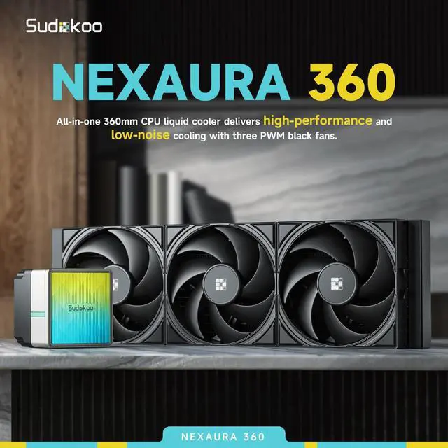 Alt view image 2 of 7 - Sudokoo NEXAURA 360 Liquid CPU Cooler: 360mm AIO CPU Cooler with PWM Pump & ARGB Pump Head - Water Cooling with FDB Fans for Intel LGA 1851/1700/1200/115X AMD AM5/AM4 - Black
