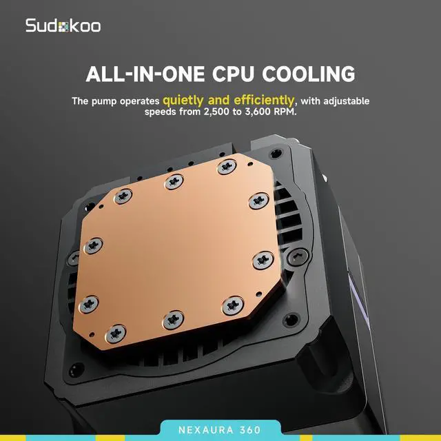 Alt view image 4 of 7 - Sudokoo NEXAURA 360 Liquid CPU Cooler: 360mm AIO CPU Cooler with PWM Pump & ARGB Pump Head - Water Cooling with FDB Fans for Intel LGA 1851/1700/1200/115X AMD AM5/AM4 - Black