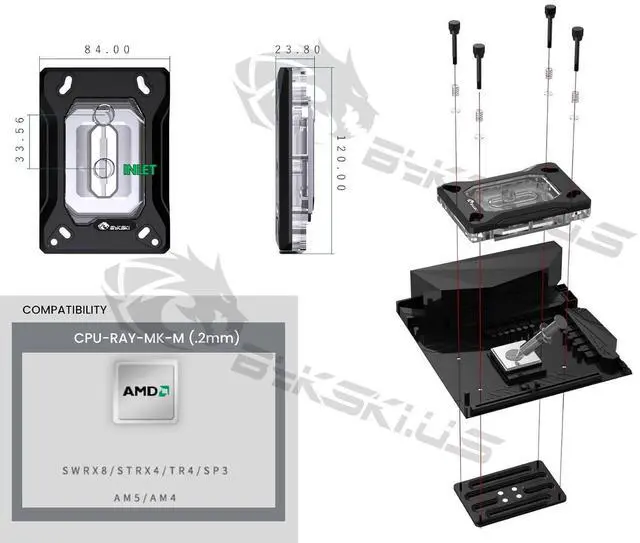 Alt view image 4 of 7 - Bykski CPU-RAY-MK-M High-Efficiency CPU Water Cooling Block - Featuring High Flow Optimized 0.2mm Fins - Clean Design - for AMD AM5/AM4 - SWRX8 - STRX4 - TR4 - SP3