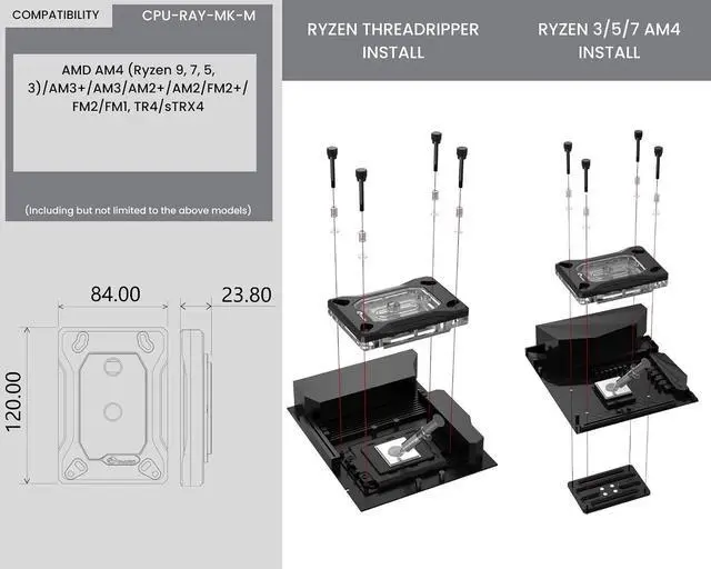 Alt view image 6 of 7 - Bykski CPU-RAY-MK-M High-Efficiency CPU Water Cooling Block - Featuring High Flow Optimized 0.2mm Fins - Clean Design - for AMD AM5/AM4 - SWRX8 - STRX4 - TR4 - SP3