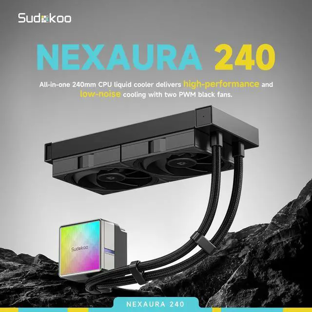 Alt view image 2 of 7 - Sudokoo NEXAURA 240 Liquid CPU Cooler: 240mm AIO CPU Cooler with PWM Pump & ARGB Pump Head - Water Cooling with FDB Fans for Intel LGA 1851/1700/1200/115X AMD AM5/AM4 - Black