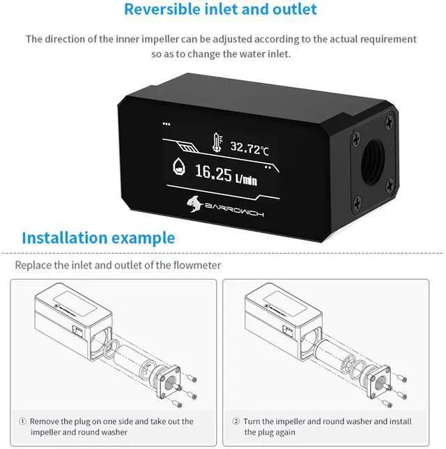 Alt view image 4 of 7 - G1/4" Digital Flow Temperature Monitor for PC Water Cooling, OLED Display Water Sensor with Real-Time Coolant Flow/Temp Indicator, Flowmeter System Monitor, Black