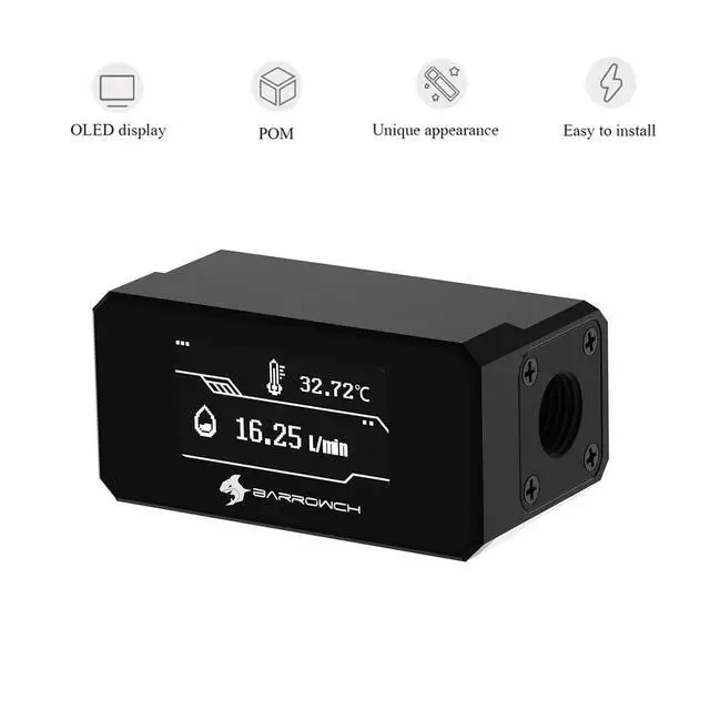 Alt view image 2 of 7 - G1/4" Digital Flow Temperature Monitor for PC Water Cooling, OLED Display Water Sensor with Real-Time Coolant Flow/Temp Indicator, Flowmeter System Monitor, Black