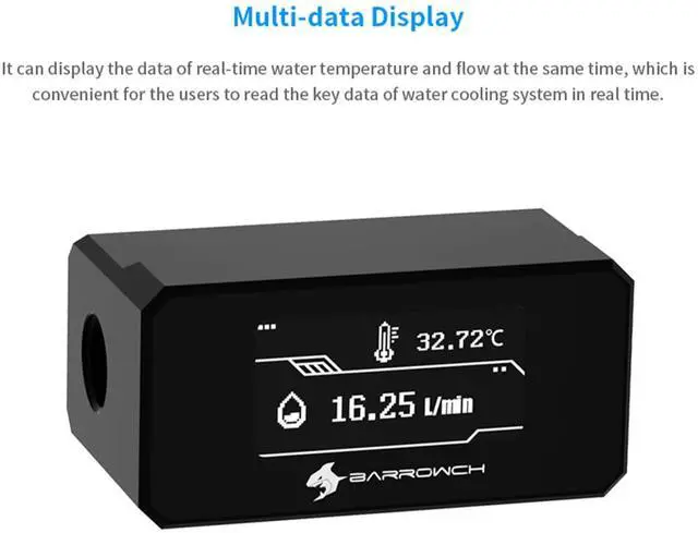 Alt view image 3 of 7 - G1/4" Digital Flow Temperature Monitor for PC Water Cooling, OLED Display Water Sensor with Real-Time Coolant Flow/Temp Indicator, Flowmeter System Monitor, Black