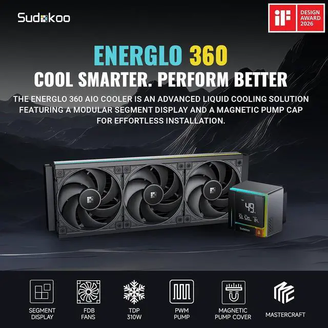 Alt view image 2 of 7 - Sudokoo ENERGLO 360 Liquid Cooler: 360mm AIO CPU Cooler with Data Display & PWM Pump - 3 x 120mm Black Water Cooling for Intel LGA 1851/1700/1200/115X & AMD AM5/AM4