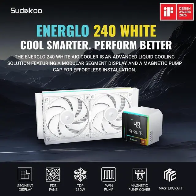 Alt view image 2 of 7 - Sudokoo ENERGLO 240 White Liquid Cooler: 240mm AIO CPU Cooler with Data Display & PWM Pump - 2 x 120mm Water Cooling for Intel LGA 1851/1700/1200/115X & AMD AM5/AM4