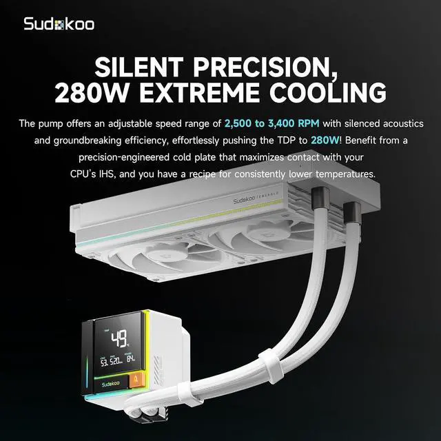 Alt view image 3 of 7 - Sudokoo ENERGLO 240 White Liquid Cooler: 240mm AIO CPU Cooler with Data Display & PWM Pump - 2 x 120mm Water Cooling for Intel LGA 1851/1700/1200/115X & AMD AM5/AM4