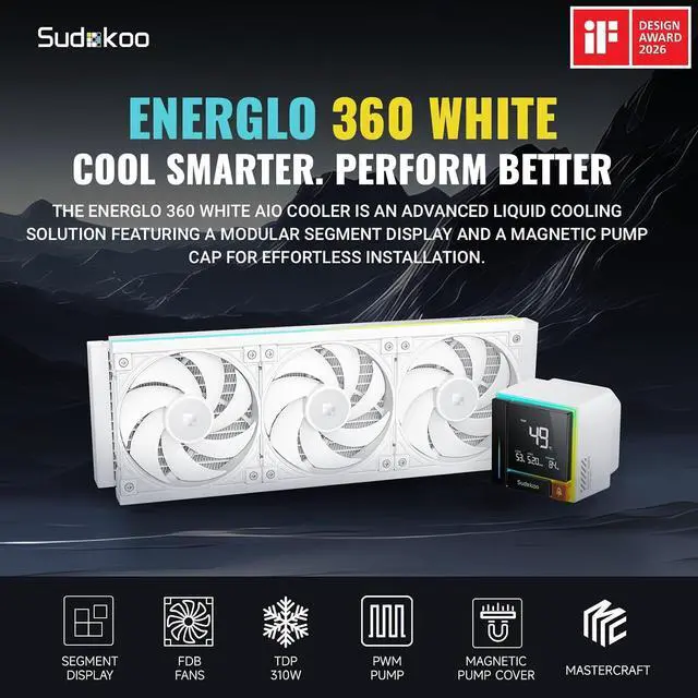 Alt view image 2 of 7 - Sudokoo ENERGLO 360 White Liquid Cooler: 360mm AIO CPU Cooler with Data Display & PWM Pump - 3 x 120mm Water Cooling for Intel LGA 1851/1700/1200/115X & AMD AM5/AM4