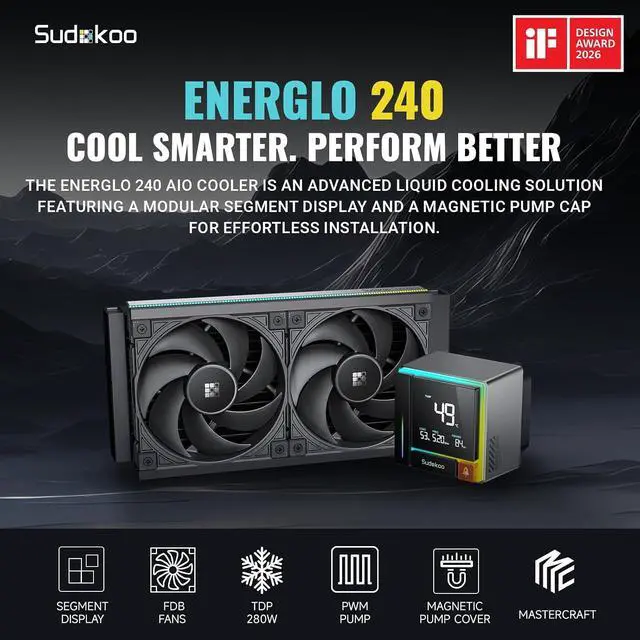 Alt view image 2 of 7 - Sudokoo ENERGLO 240 Liquid Cooler: 240mm AIO CPU Cooler with Data Display & PWM Pump - 2 x 120mm Black Water Cooling for Intel LGA 1851/1700/1200/115X & AMD AM5/AM4