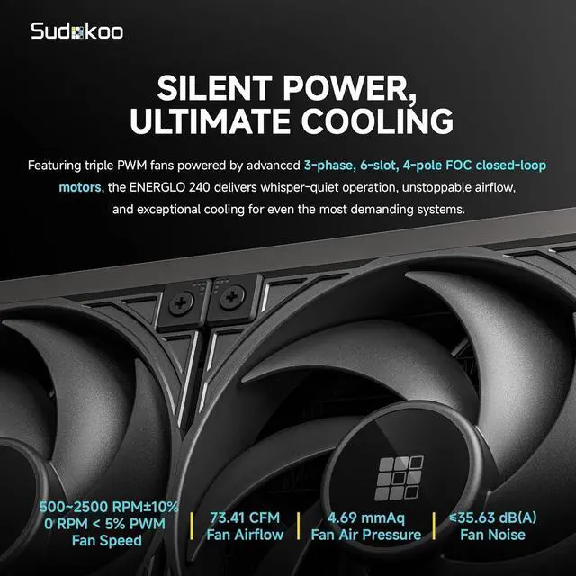 Alt view image 6 of 7 - Sudokoo ENERGLO 240 Liquid Cooler: 240mm AIO CPU Cooler with Data Display & PWM Pump - 2 x 120mm Black Water Cooling for Intel LGA 1851/1700/1200/115X & AMD AM5/AM4