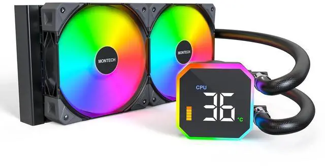 Main image of MONTECH HyperFlow Digital 240 CPU Liquid Cooler, 240mm AIO with 3100RPM Pump, 2×120mm E28 ARGB Fans, Real-Time Digital Display, Intel & AMD Support (Black)