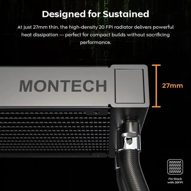 Alt view image 5 of 7 - MONTECH HyperFlow Digital 240 CPU Liquid Cooler, 240mm AIO with 3100RPM Pump, 2×120mm E28 ARGB Fans, Real-Time Digital Display, Intel & AMD Support (Black)