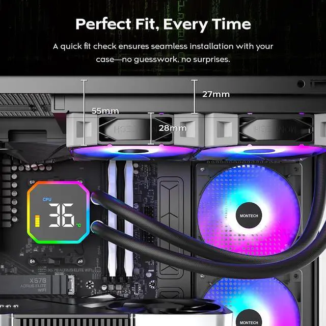 Alt view image 6 of 7 - MONTECH HyperFlow Digital 240 CPU Liquid Cooler, 240mm AIO with 3100RPM Pump, 2×120mm E28 ARGB Fans, Real-Time Digital Display, Intel & AMD Support (Black)