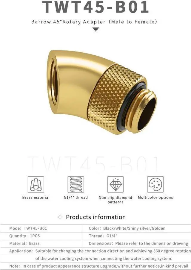 Alt view image 2 of 6 - Barrow G1/4" Male to Female Extender Fitting, 45 Degree Rotary, Gold, 4-pack
