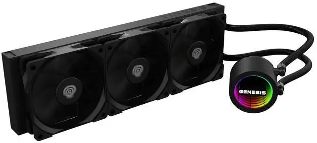 Main image of Genesis Hydria 360 CPU Water Cooling System, 3 x 120 mm Fans, 4-Pin PWM Pump, Air Flow Up to 80 CFM, High Speed 500-1550 rpm, Intel and AMD, Contact Frame - Black