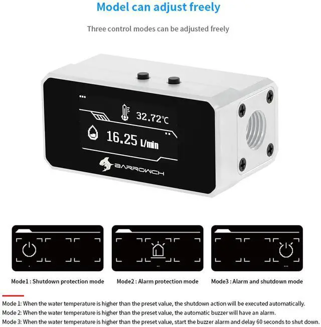 Alt view image 3 of 7 - G1/4" Digital Flow Temperature Monitor with OLED Display for PC Water Cooling Real-Time Coolant Flow/Temp Sensor, Overheat Alarm & Auto-Shutdown Protection, White