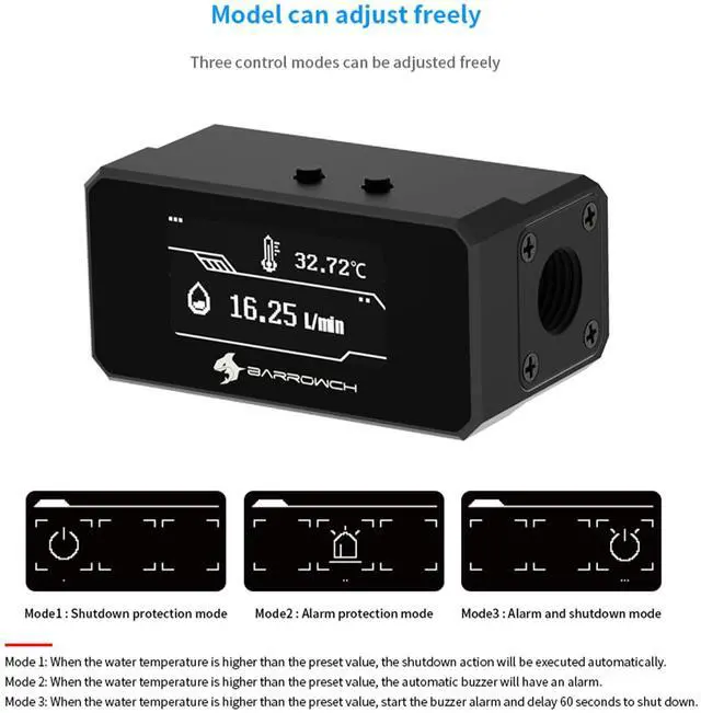 Alt view image 3 of 7 - G1/4" Digital Flow Temperature Monitor with OLED Display for PC Water Cooling Real-Time Coolant Flow/Temp Sensor, Overheat Alarm & Auto-Shutdown Protection, Black
