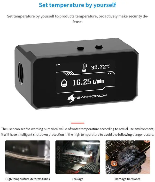 Alt view image 4 of 7 - G1/4" Digital Flow Temperature Monitor with OLED Display for PC Water Cooling Real-Time Coolant Flow/Temp Sensor, Overheat Alarm & Auto-Shutdown Protection, Black