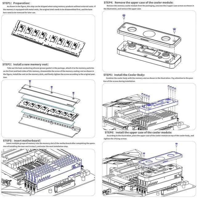 Alt view image 7 of 7 - Memory Waterblock with TFT Display, 2 Channel and 4 Channel RAM Water Cooling Block, Copper RAM Water Cooler Kit with Memory Heatsink for DDR5-RAM Module (Black,Include 4 Memory Heatsink)