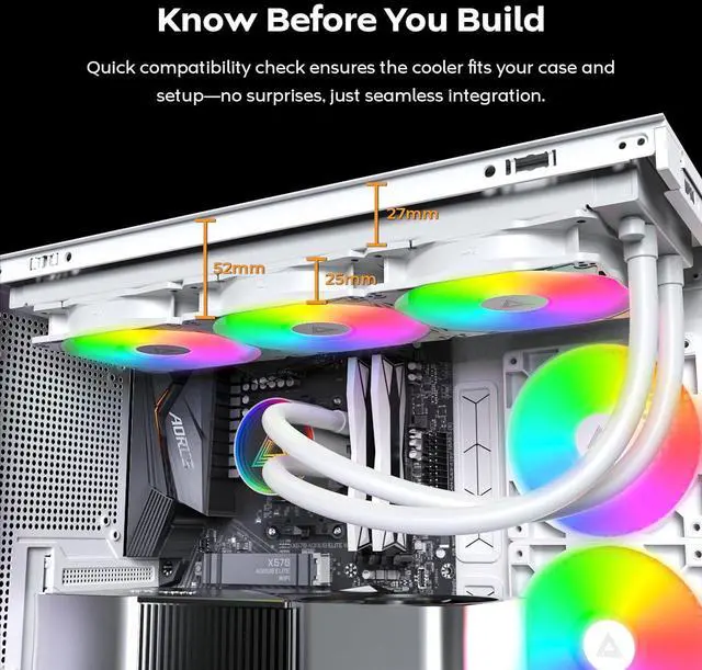 Alt view image 5 of 6 - MONTECH Lightflow ARGB 360 White Ultra-Quiet AIO Liquid CPU Cooler, 3100RPM Pump, Triple Silent Fans, High-Efficiency Radiator for Superior Heat Dissipation, Intel & AMD Compatible, ARGB-Free